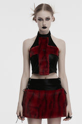 Black/Red Halterneck Sleeveless Cross Faux Fur Stitching Women's Punk Vest